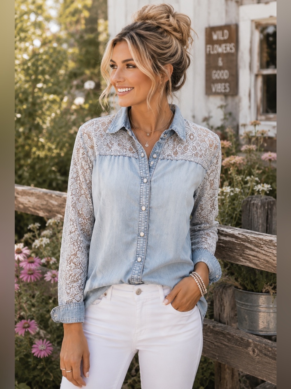 Maggie Sweet Chambray Lace Button Front Shirt M | Cottagecore Boho Denim
